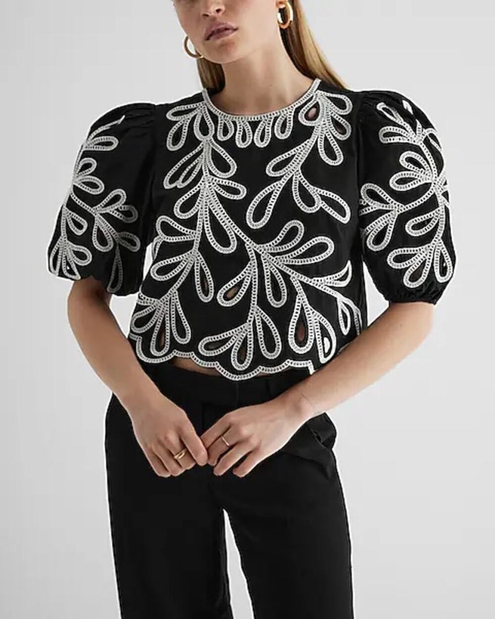 Express Sm Eyelet Crew Neck Puff Sleeve Striking White Cutwork Leaf Embroidery